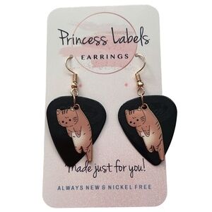 Hand Crafted Earrings Repurposed Black Alice Nylon Guitar Picks Tabby Cat